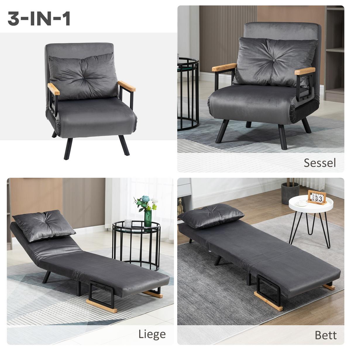 SCHLAFSESSEL, Einzelsofa mit Bettfunktion, Relaxsessel mit Rückenkissen Grau - Dunkelgrau/Schwarz, Holz/Textil (73/81/63cm) - HOMCOM