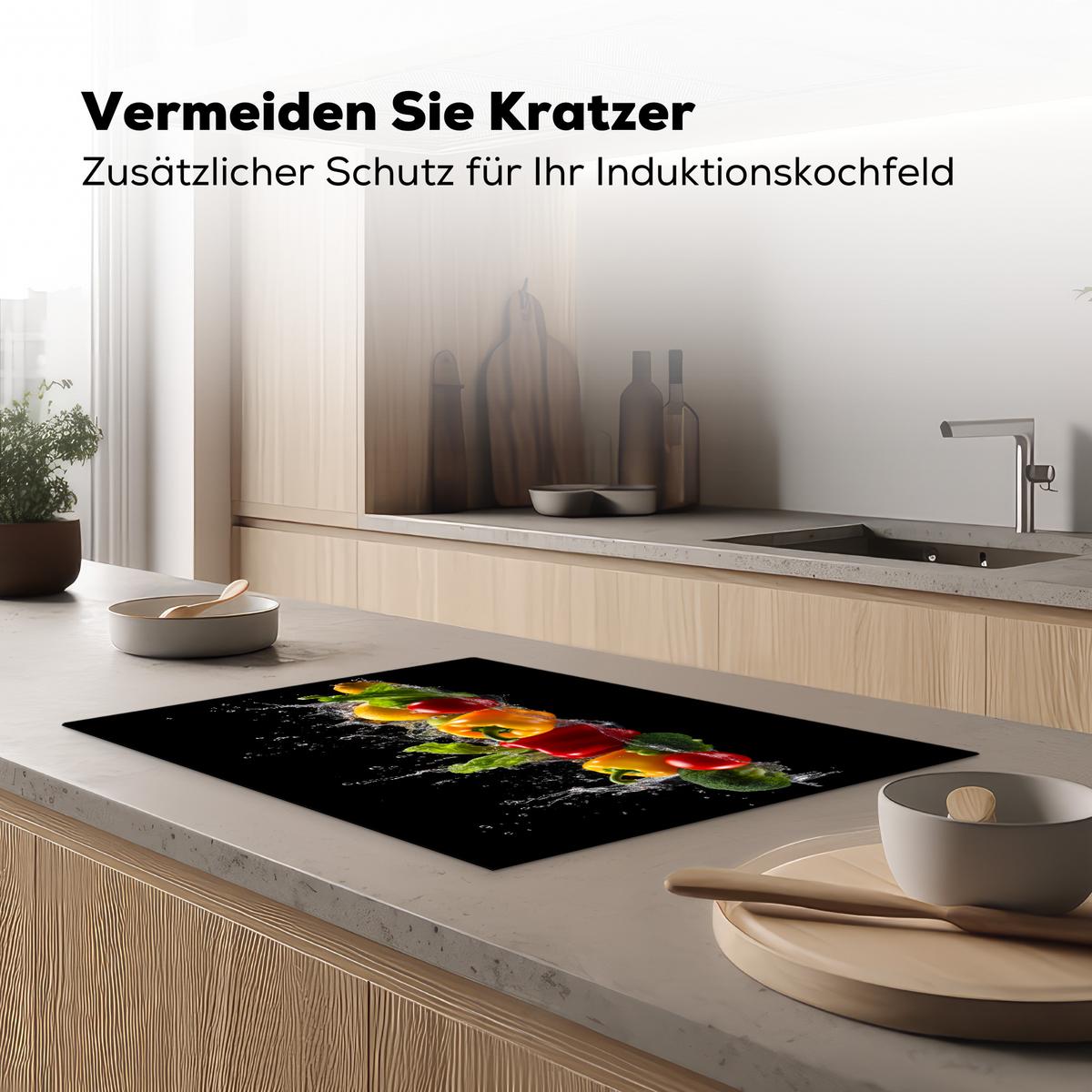 HERDABDECKPLATTE Paprika - Wasser - Gemüse - Schwarz Herdabdeckung Induktionsfeld 75x52 cm - Multicolor, Kunststoff (75/52/0.2cm) - MuchoWow