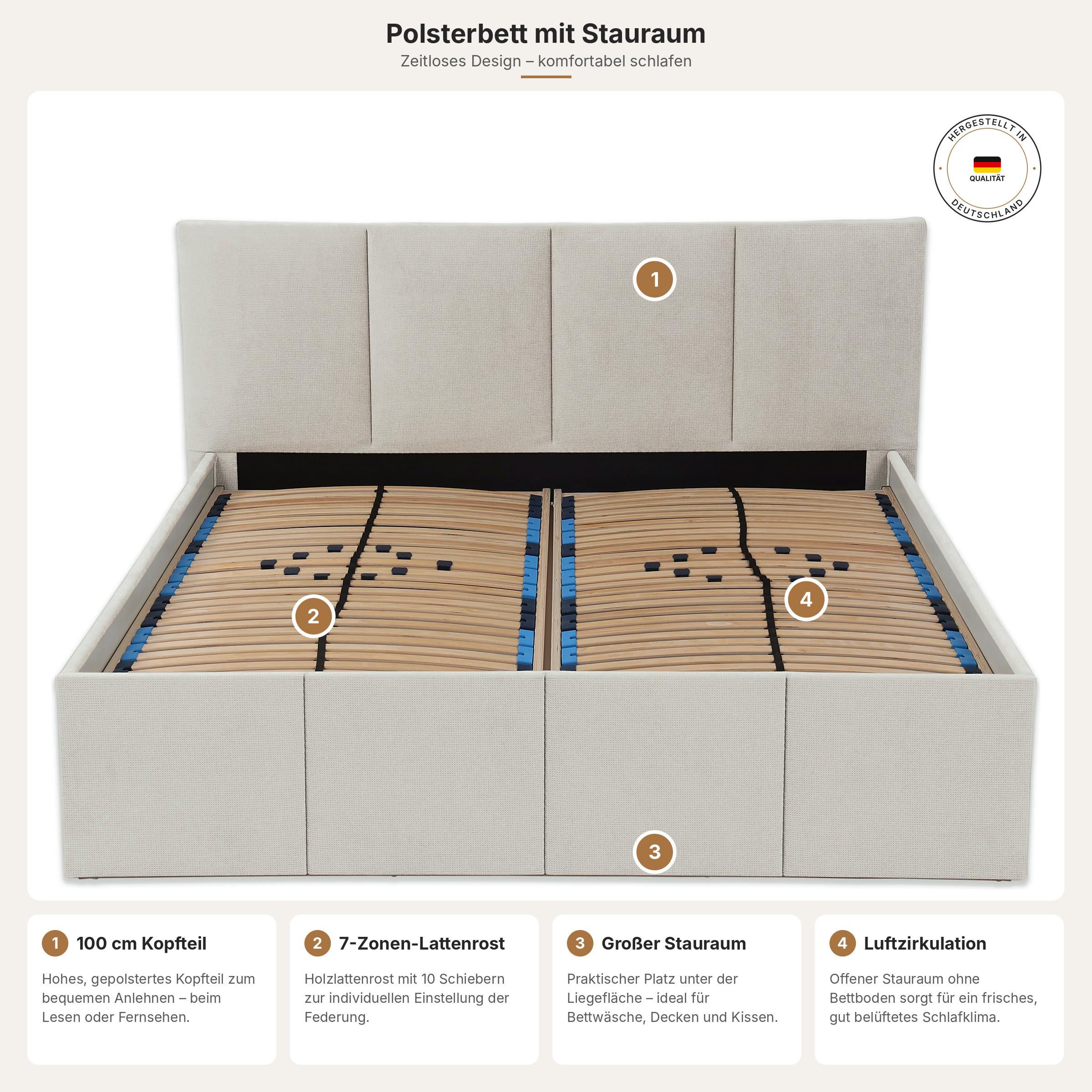 POLSTERBETT Dalas Beige 160 x 200 x 40 cm Stauraum Mit hochwertiger Matratze H2 (bis 100 kg) und Lattenrost - Beige, Holz (160/200cm) - Halmon Schlafkomfort Betten 