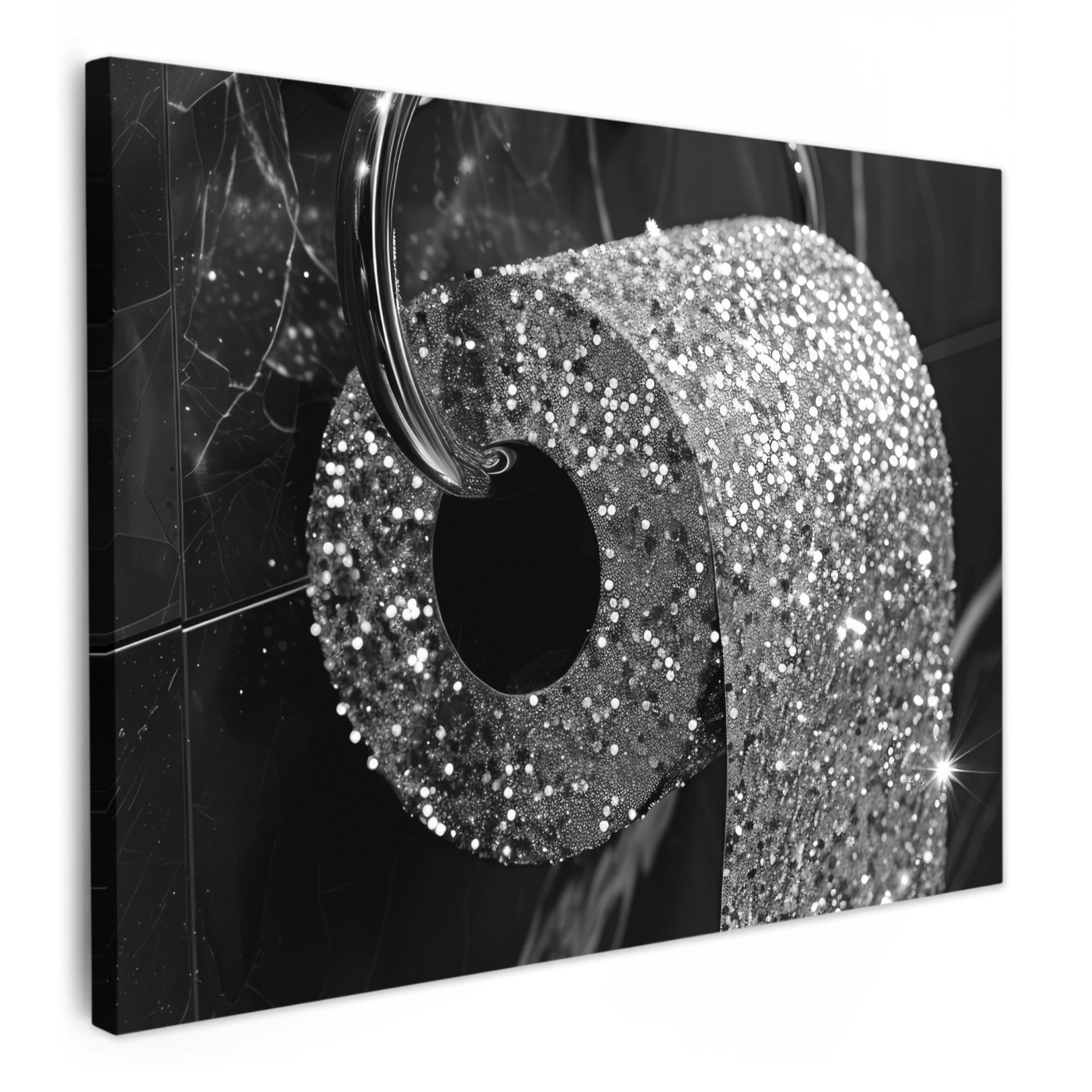 LEINWANDBILD WC - Toilettenpapier - Schwarz und weiß - Glitter Wandbilder 80x60 cm - Silberfarben, Textil (80/60cm) - MuchoWow