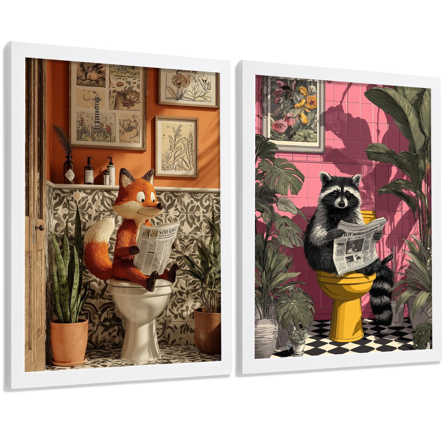 POSTER 2er-Set lustige Tierdrucke im Badezimmer, Fuchs und Waschbär-Dekorationsbilder im modernen Stil Weißer Rahmen A4 - Weiß, Papier (29.7/21/3cm) - Nacnic