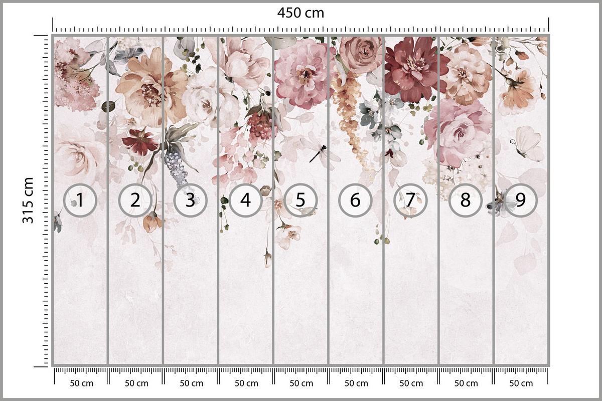 FOTOTAPETE für Schlafzimmer Aquarell Bunte Blumen Ranken Blätter 450x315 - Rot/Rosa, Papier (450/315cm) - Muralo