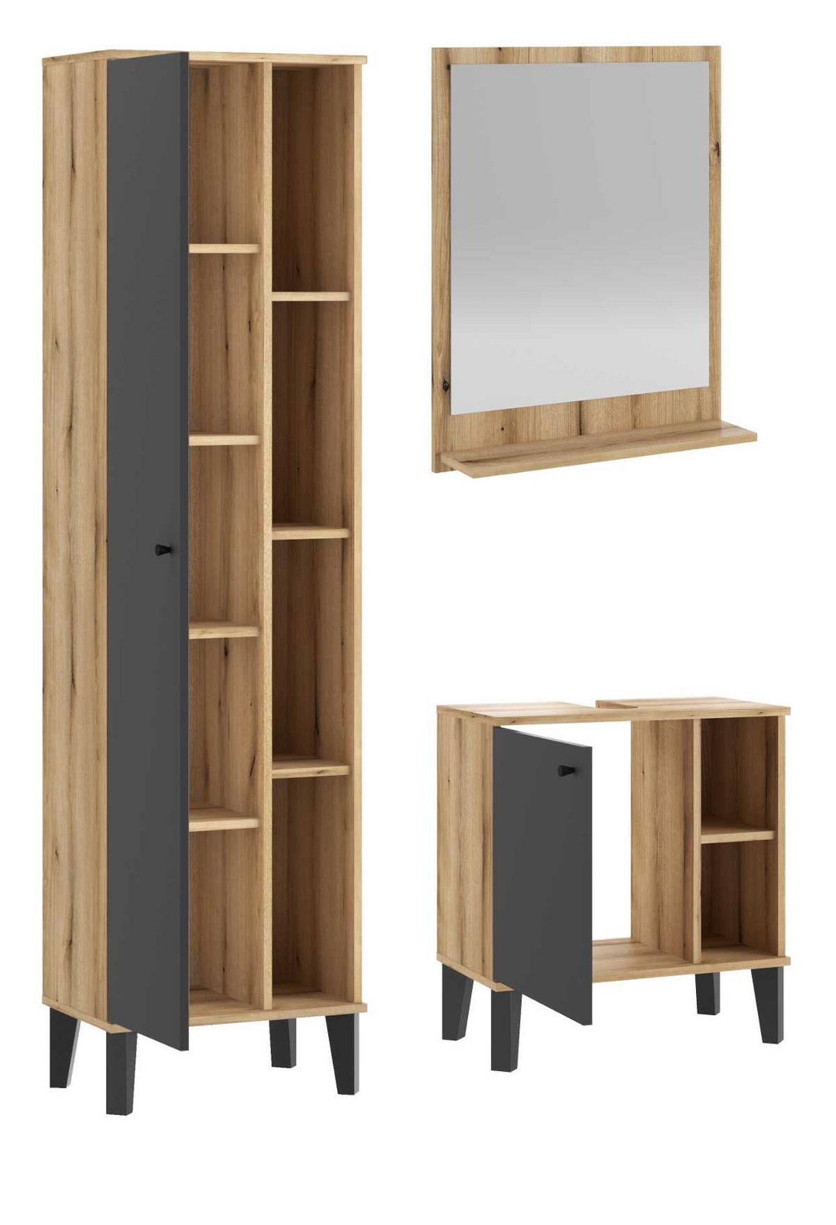 BADMÖBEL-SET 3-teilig grau, Evoke Eiche, Badkombination, 121 x 190 cm - Eichefarben/Grau, Glas/Holzwerkstoff (121/190/33cm) - Furn.Design