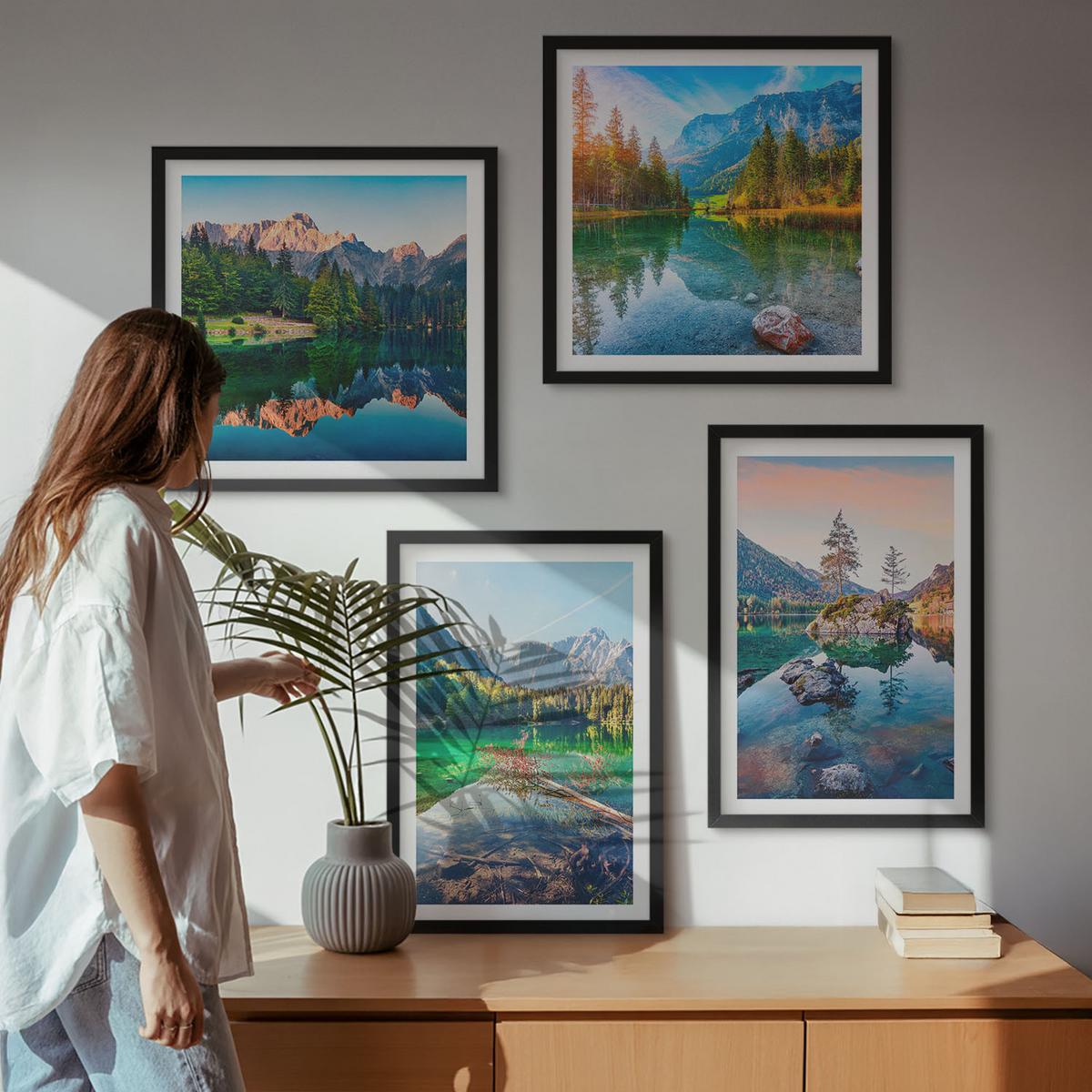 BILDER SET 4er Set - 50x50 cm & 40x60 cm Schwarzer Rahmen - Naturlandschaft der Bergseen - Schwarz, Kunststoff (50/50cm) - TULUP