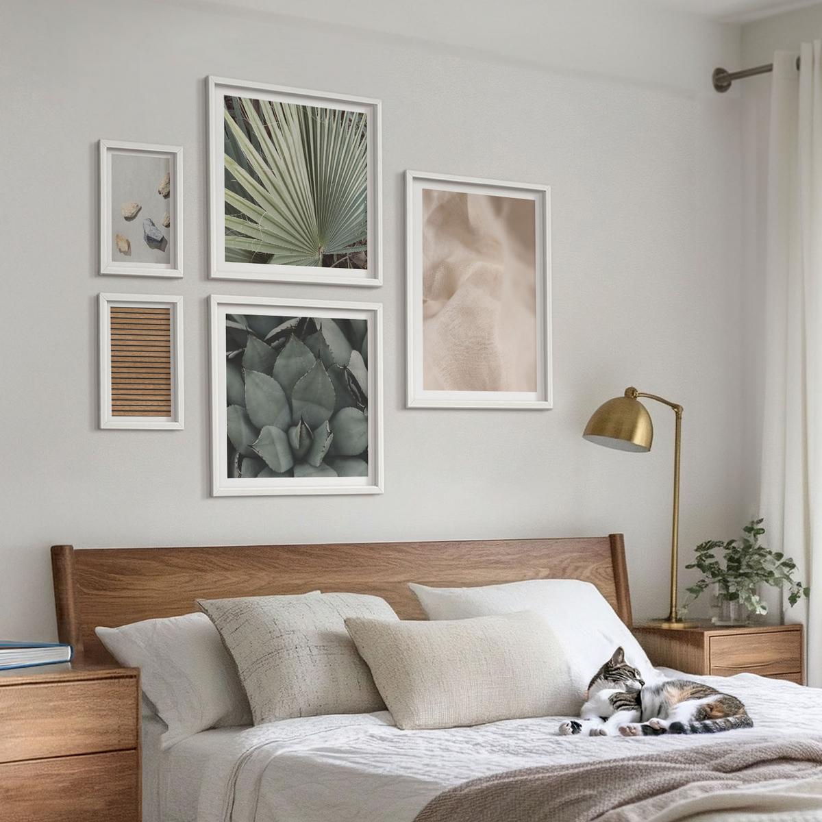 BILDER SET 5er Set - 50x50 cm & 20x30 cm & 40x60 cm Weißer Rahmen - Steine, Holz, Stofftexturen - Weiß, Kunststoff (40/60cm) - TULUP