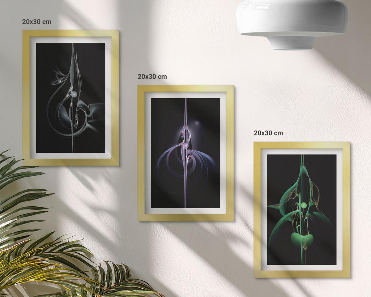 BILDER SET 3er Set - 20x30 cm Goldrahmen - Abstrakte schwarze Farbmuster - Goldfarben, Kunststoff (20/30cm) - TULUP