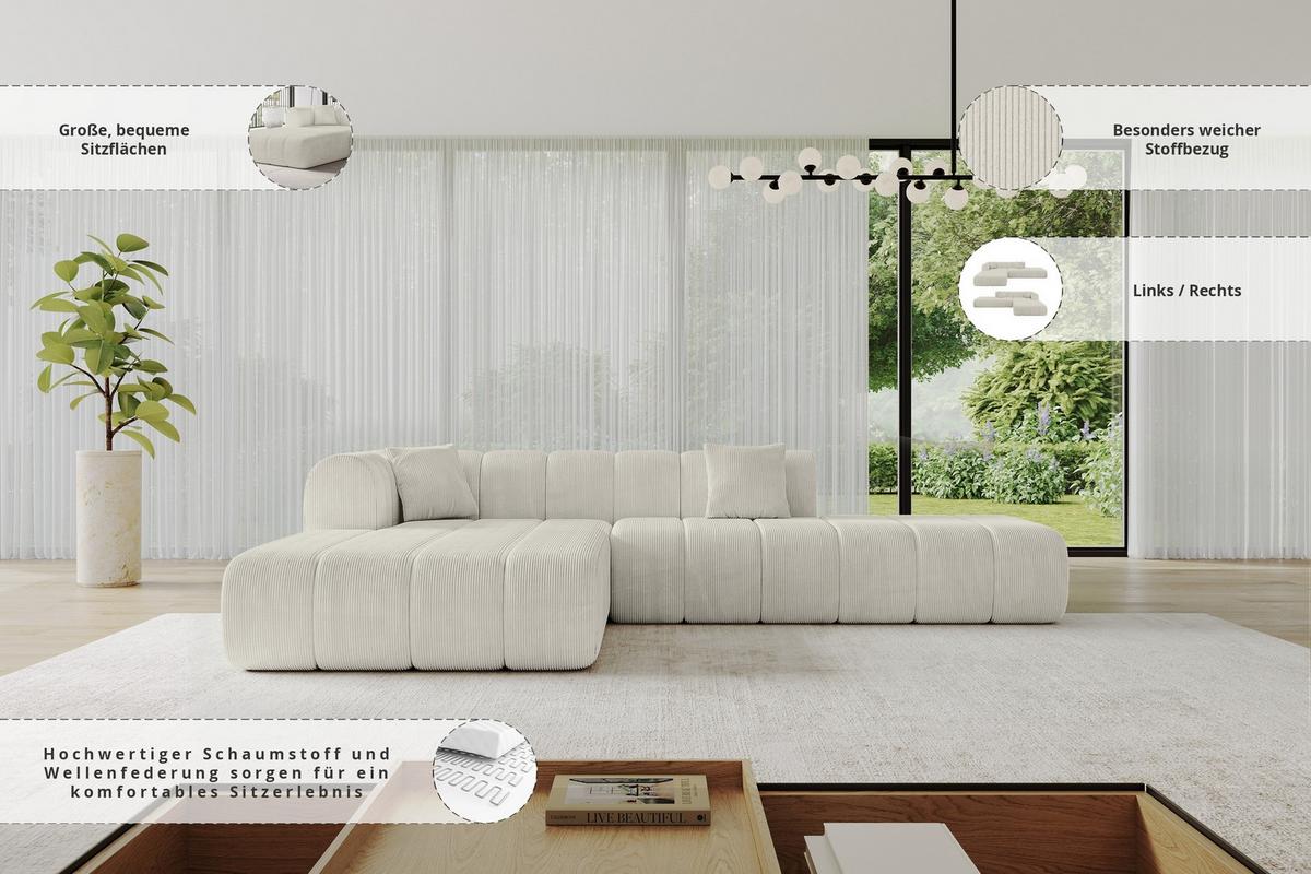 ECKSOFA Ottomane Links BILA-L 289x176x71 Creme Cord - Creme/Schwarz, Holzwerkstoff/Kunststoff (176/289cm) - ALTDECOR