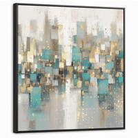 LEINWAND Bilder mit Rahmen - Abstrakt - Blöcke - Gold - Skyline - 90x90 - Beige, Textil (90/90cm) - MuchoWow