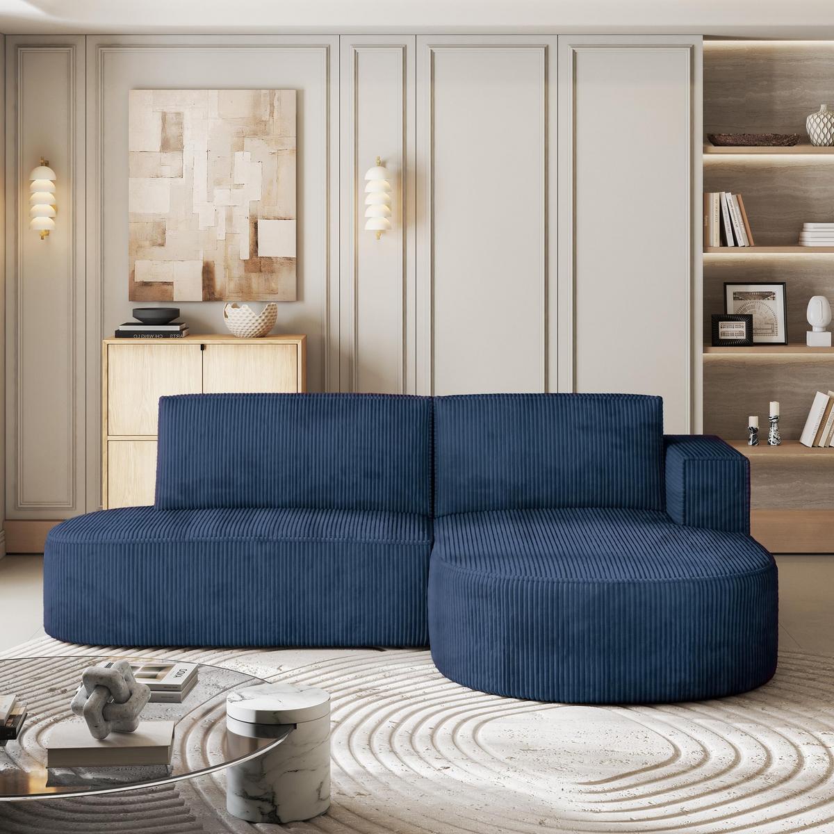 ECKSOFA CORTIO P R-S Blau Kordstoff mit Schlaffunktion - Blau, Holz (265/174cm) - MASSENO