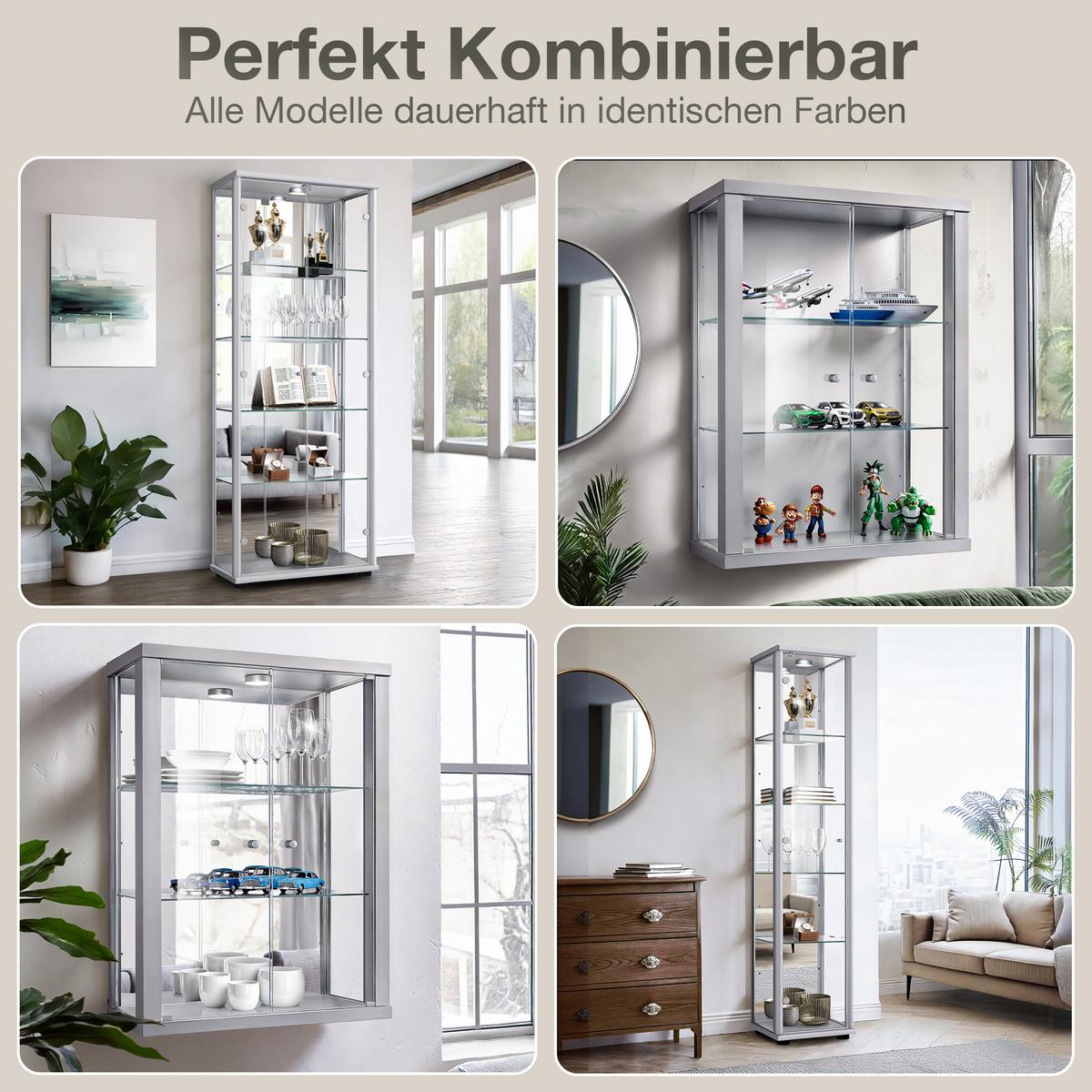 HÄNGEVITRINE 25/60/80 cm mit Spiegel, LED & 2 höhenverstellbaren Glasböden - Transparent/Silberfarben, Glas/Holzwerkstoff (60/80/25cm) - K-Möbel
