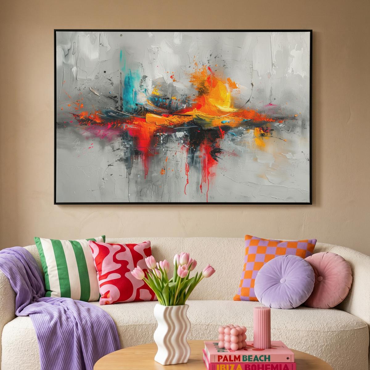 LEINWAND Bilder mit Rahmen - Moderne Kunst - Orange - Grau - Abstrakt - 150x100 - Hellgrau, Textil (150/100cm) - MuchoWow