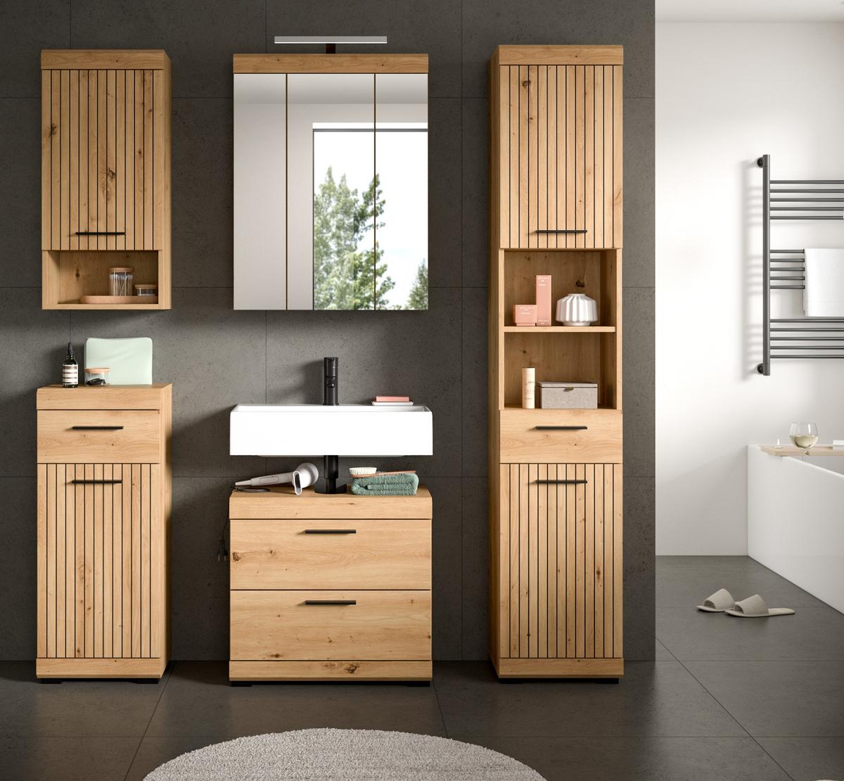 WASCHBECKENUNTERSCHRANK Eiche Artisan 60 cm, Badezimmer Unterschrank mit Schubkästen - Schwarz/Eiche Artisan, Holzwerkstoff/Kunststoff (60/56/34cm) - Inn.Furn