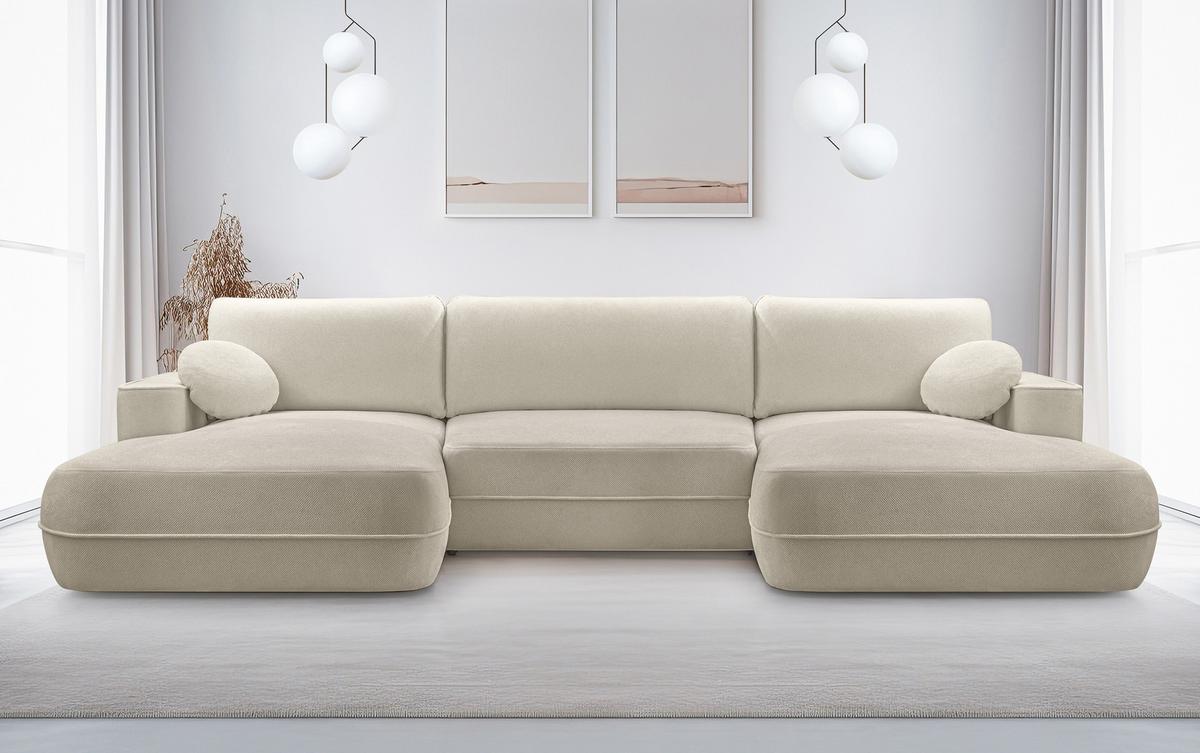 WOHNLANDSCHAFT Peoni Beige 364/168/87 cm mit Schlaffunktion - Beige/Schwarz, Kunststoff/Textil (364/87/168cm) - AX Living