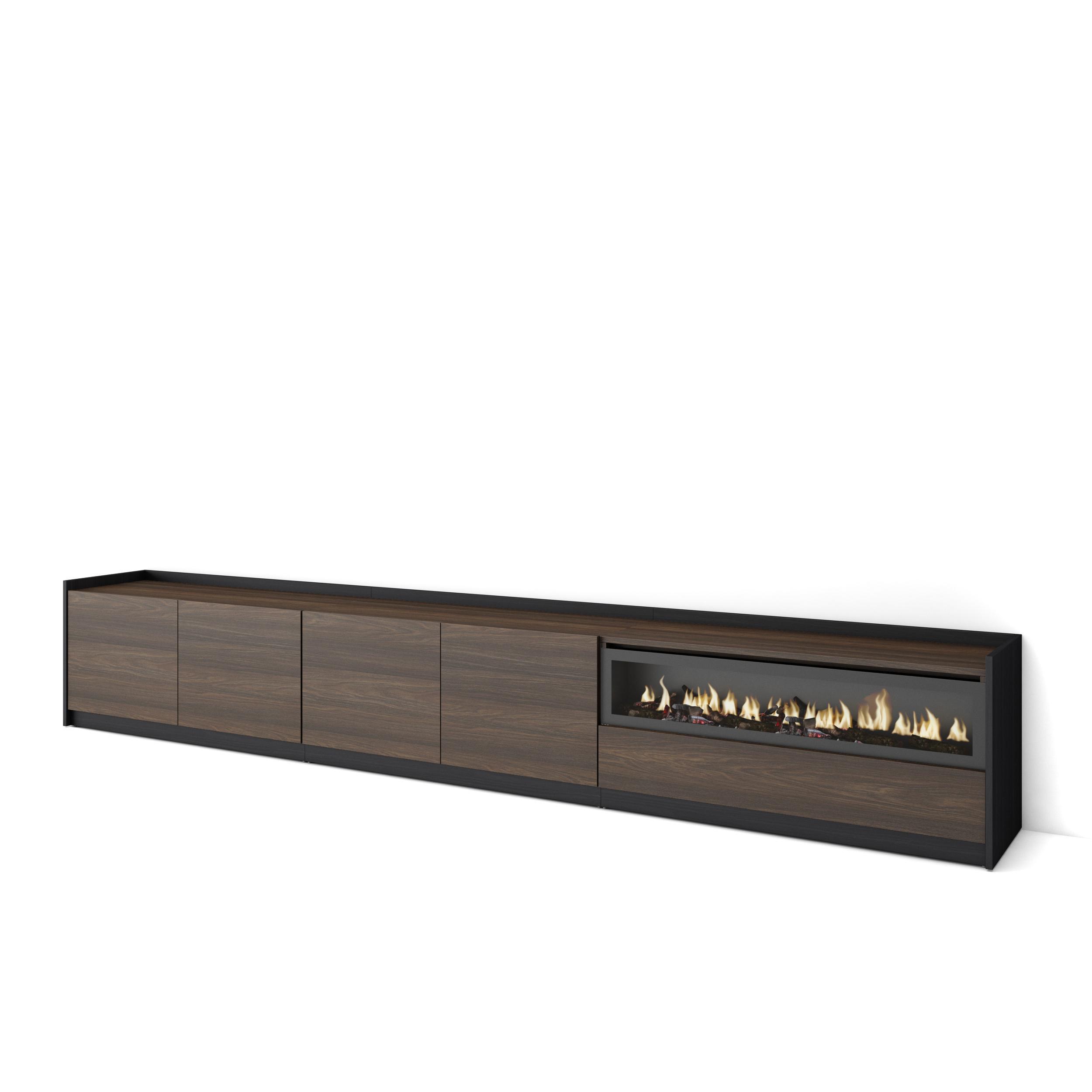 LOWBOARD, Dunkler Eiche und Schwarz, Elektrokamin, 310/37/50cm - Hellbraun, Holzwerkstoff (310/50/37cm) - Skraut Home