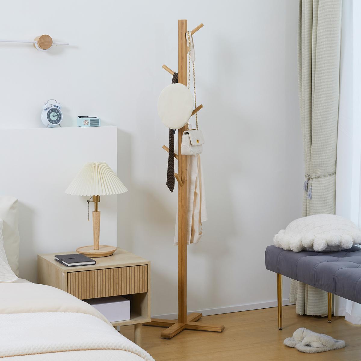 GARDEROBENSTÄNDER aus Bambus, Kleiderständer mit 8 Haken, Jackenständer für Flur - Naturfarben, Naturmaterialien (49.5/178/49.5cm) - HOMCOM