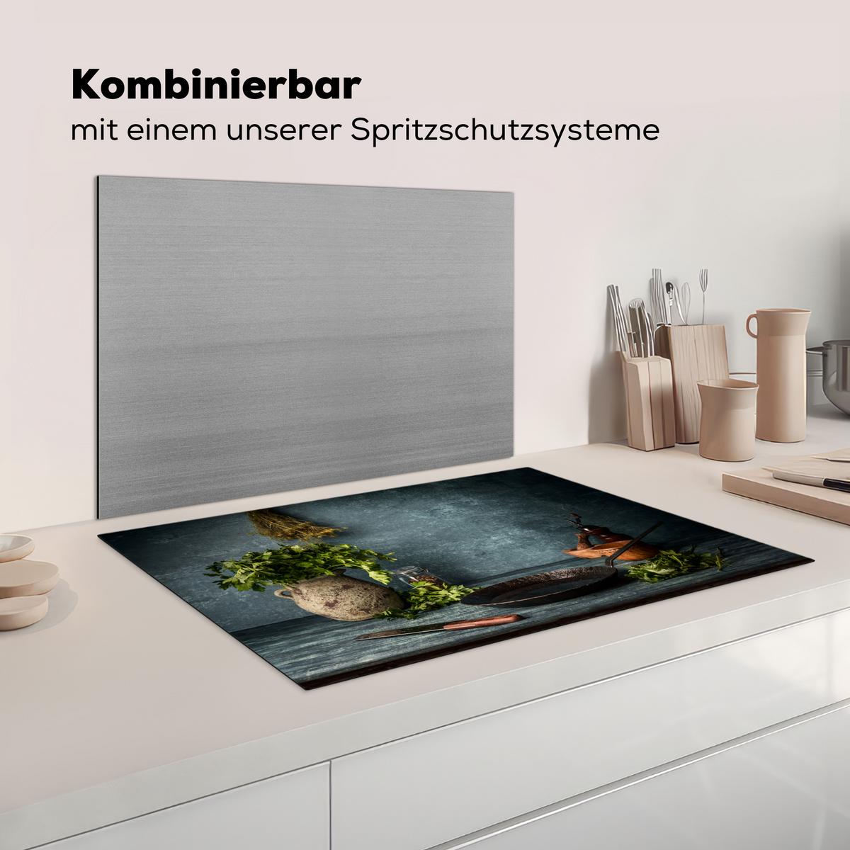 HERDABDECKPLATTE Kräuter - Gewürze - Pfanne - Messer - Grau - Rustikal Ceranfeldabdeckung 80x52 cm - Petrol, Kunststoff (80/52/0.2cm) - MuchoWow