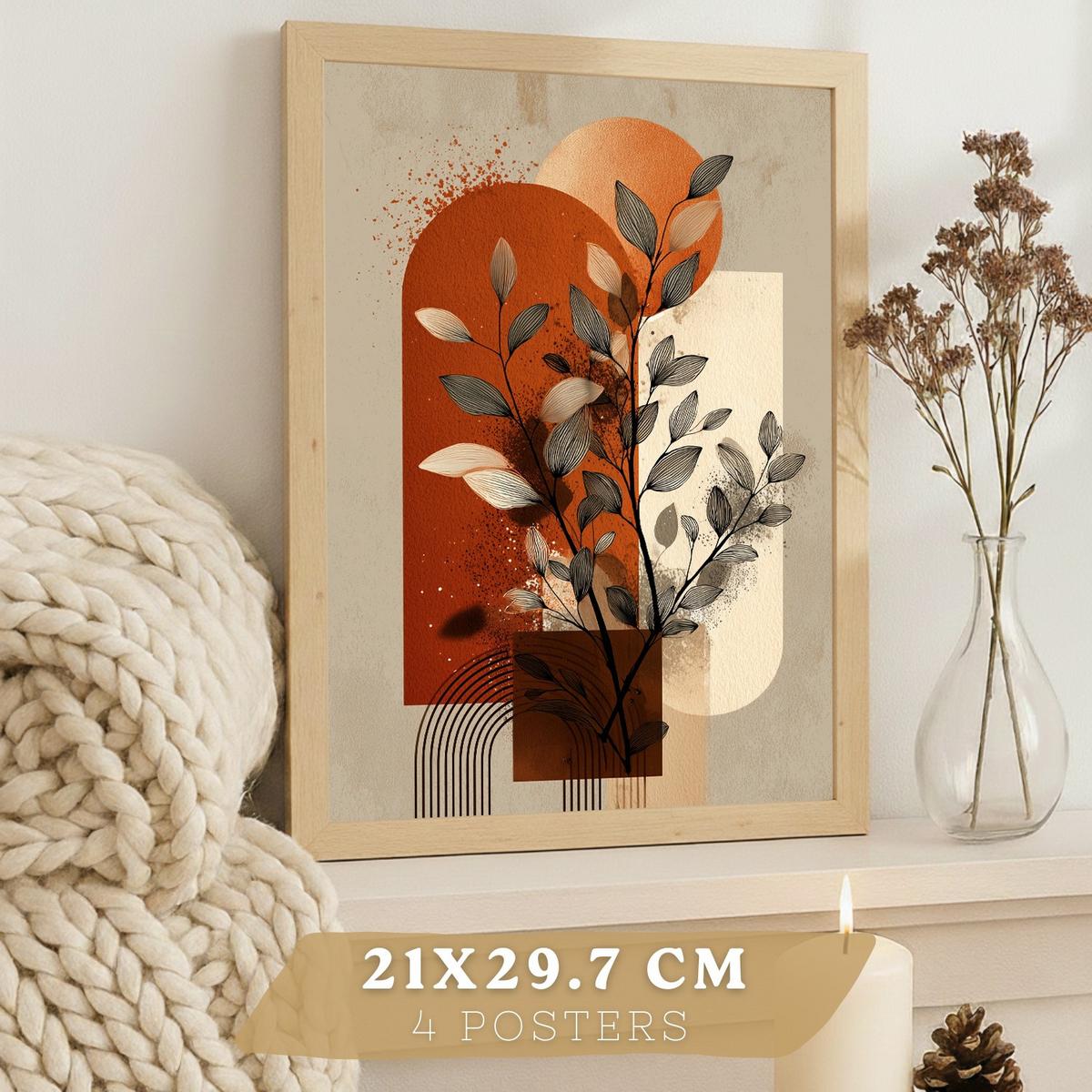 POSTER 4er Kunstdruck-Set Wandbilder Blumen Abstrakt Rot Orange modern Wohnzimmer Deko, Schlafzimmer, Küche, Badezimmer Rahmenlos A3 - Beige, Papier (29.7/1/42cm) - Nacnic