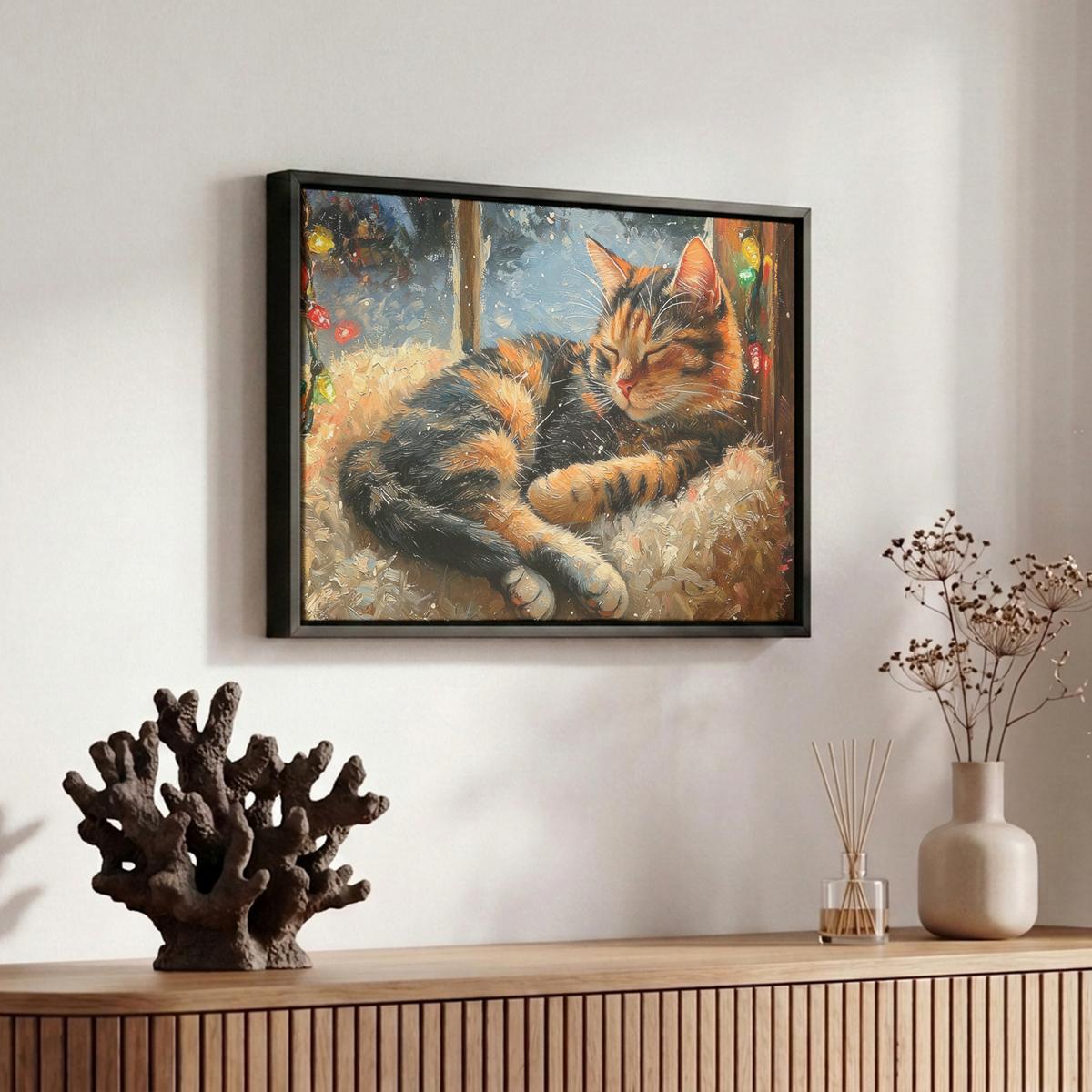 LEINWAND Bilder mit Rahmen - Katze - Weihnachten - Winter - Tier - 30x20 - Bernsteinfarben, Textil (30/20cm) - MuchoWow