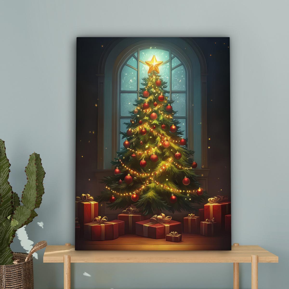 LEINWANDBILD Weihnachtsbaum - Geschenk - Winter Wandbild Wohnzimmer 60x80 cm - Grün, Textil (60/80cm) - MuchoWow