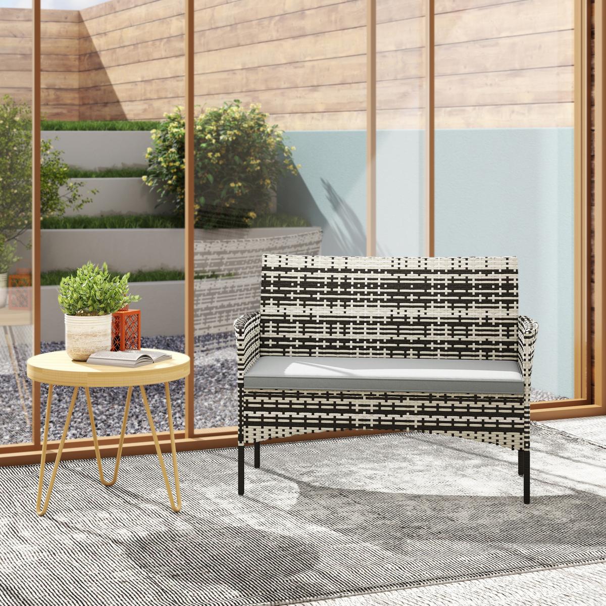 GARTENBANK 2-Sitzer aus PE-Rattan-Stahl Hellgrau - Dunkelgrau/Beige, Textil/Metall (63/85/115cm) - Outsunny