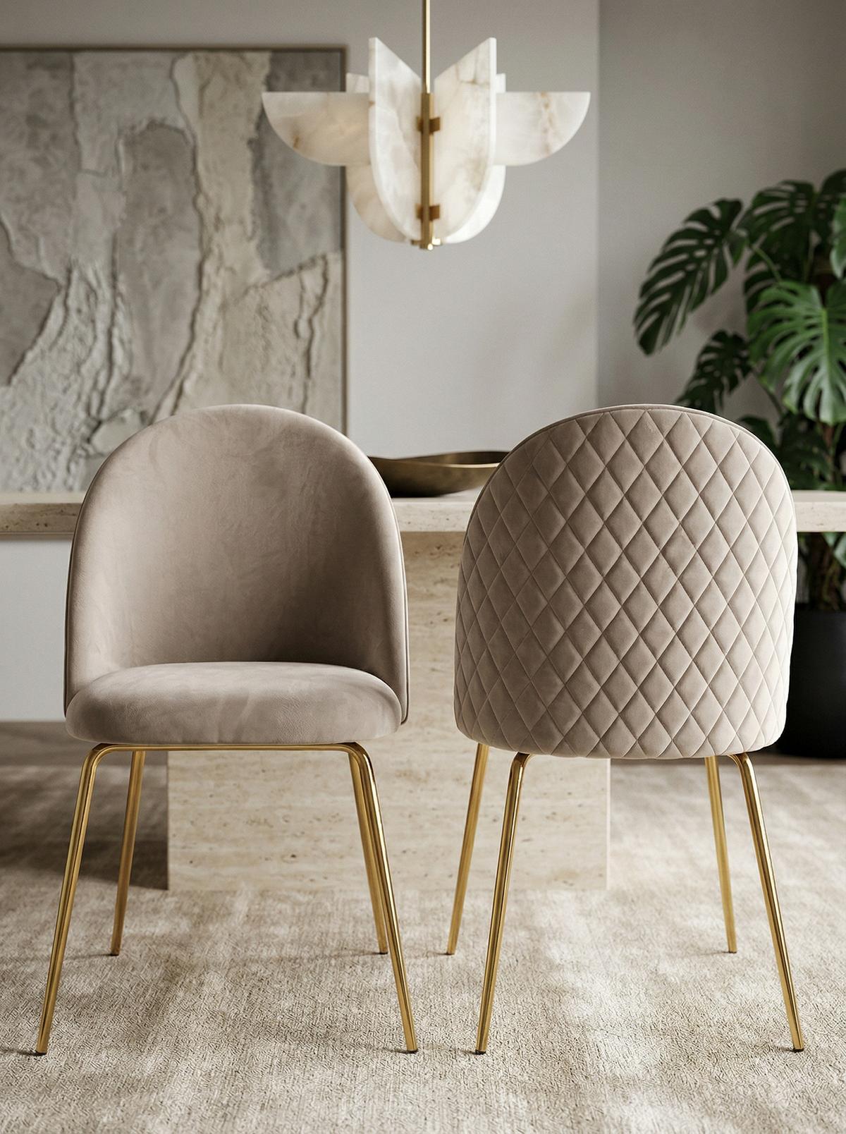 ESSZIMMERSTUHL 2er Set Samtbezug mit Metallgestell Schalenform Skandinavisch gepolstert, Beige 53x50x87 cm - Beige/Goldfarben, Textil/Metall (53/87/50cm) - KADIMA DESIGN