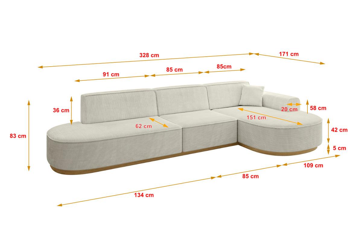 ECKSOFA Ottomane Rechts MARI-L2-v2 - 328x171x83 cm Creme Cord - Hellgrau/Creme, Holzwerkstoff/Textil (171/328cm) - ALTDECOR