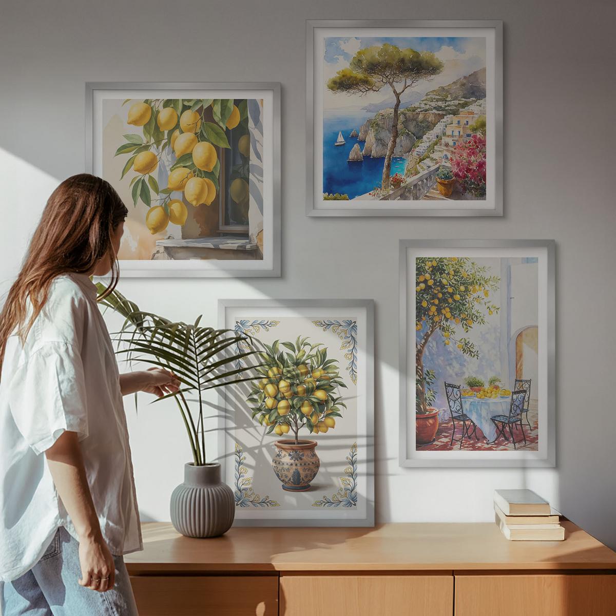 BILDER SET 4er Set - 50x50 cm & 40x60 cm Silberner Rahmen - Zitronenbäume in der Sonne - Silberfarben, Kunststoff (50/50cm) - TULUP