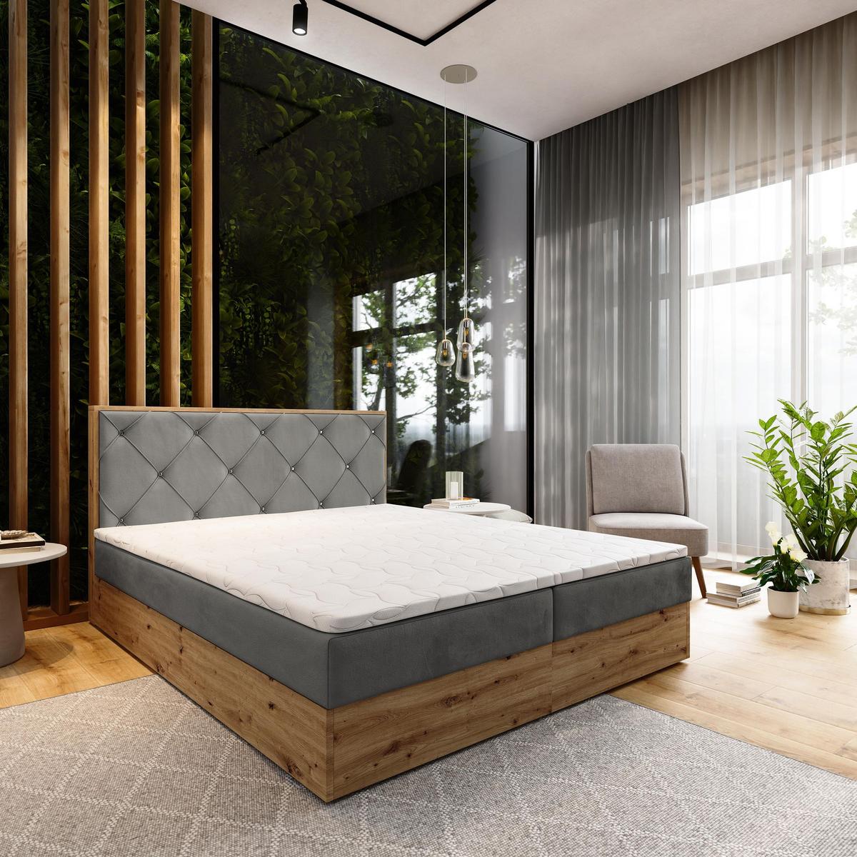 BOXBETT FOSCO 180x200 cm mit Matratze und Topper - Grau - Grau, Holz (180/200cm) - MASSENO