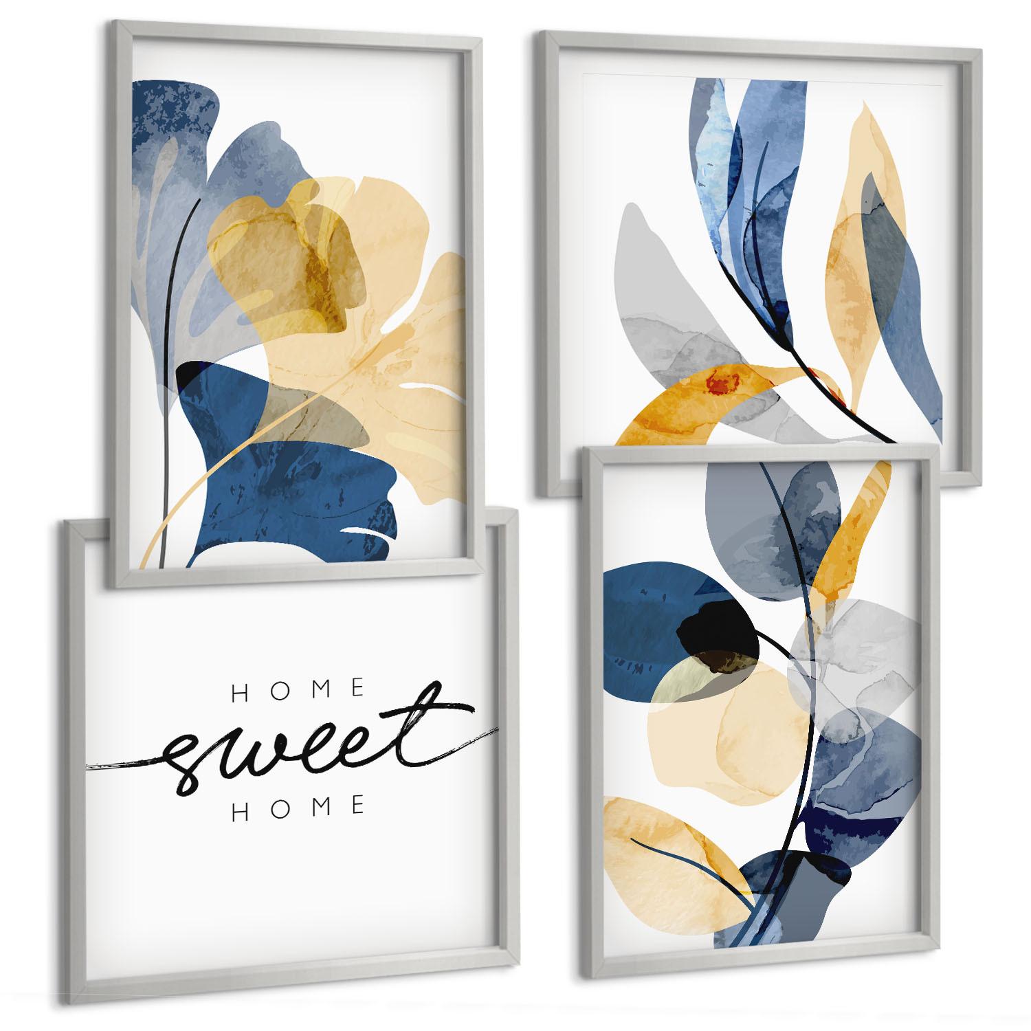BILDER SET 4er Set - 50x50 cm & 40x60 cm Silberner Rahmen - Aquarell-Pflanzenmotive - Silberfarben, Kunststoff (50/50cm) - TULUP