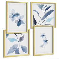 BILDER SET 4er Set - 50x50 cm & 40x60 cm Goldrahmen - Minimalistische blaue Blumen - Goldfarben, Kunststoff (50/50cm) - TULUP