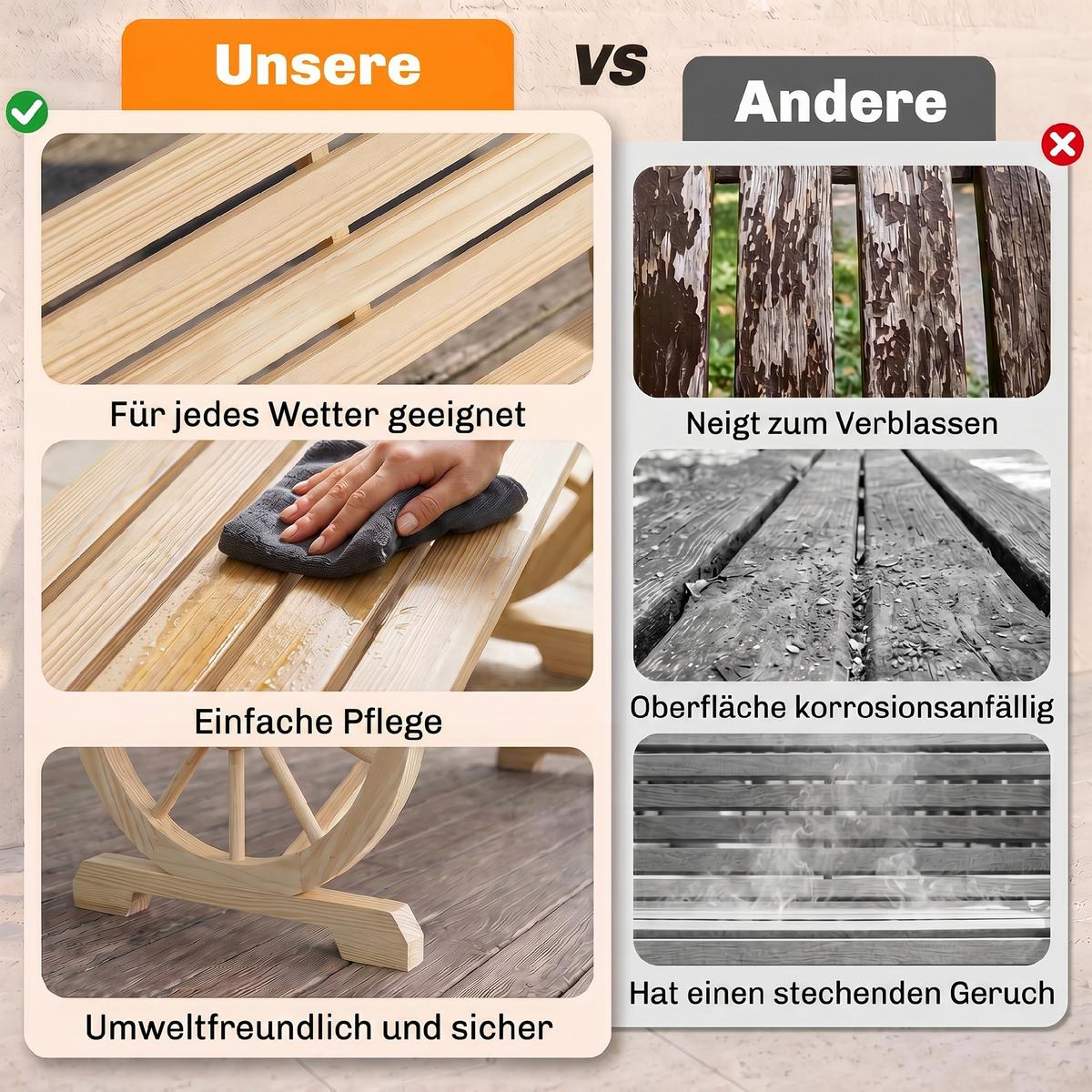 2ER-GARTENBANK Sitzbank Wagenrad-Design rustikale Holzbank für 2 Personen - Naturfarben, Holz (56/79/105.5cm) - Outsunny
