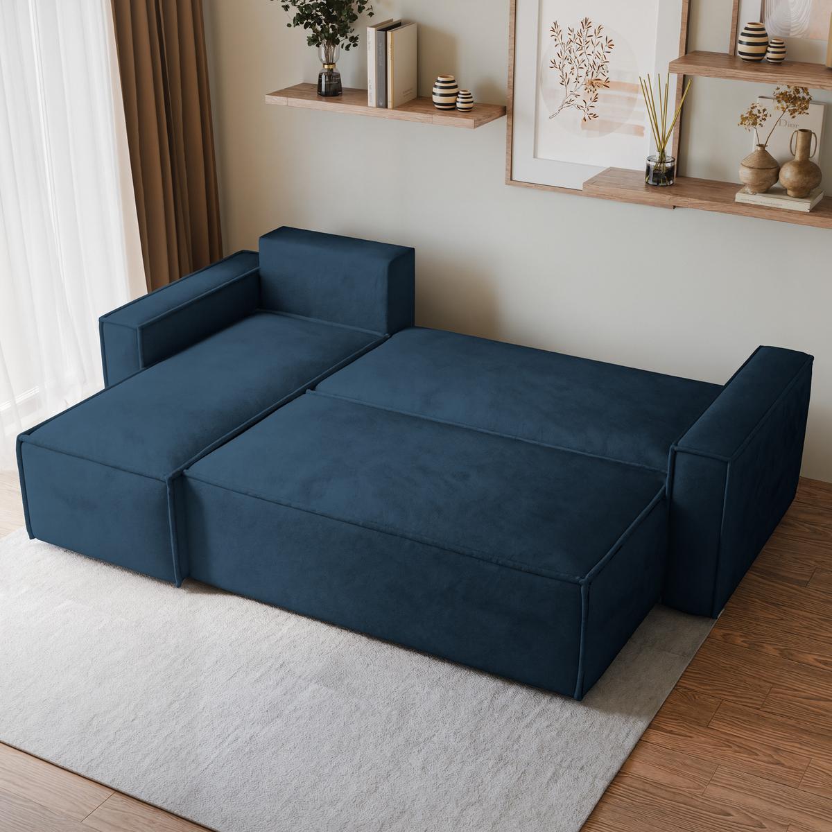ECKSOFA RAVELO M Blau Velours-Stoff mit Schlaffunktion - Blau/Grau, Holz/Kunststoff (240/140cm) - MASSENO