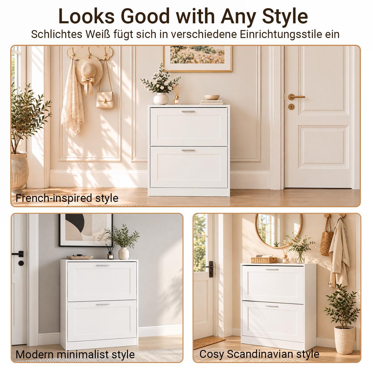 SCHUHSCHRANK Weiß, 60 cm breit, 23 cm tief, 79 cm hoch, 2 Klappen, ca. 8 Paar Schuhe, für Flur und hinter der Tür - Weiß, Holzwerkstoff (60/80/25cm) - SoBuy