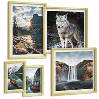 BILDER SET 5er Set - 50x50 cm & 20x30 cm & 40x60 cm Goldrahmen - Berge, Seen, Wasserfall, Wolf - Goldfarben, Kunststoff (40/60cm) - TULUP
