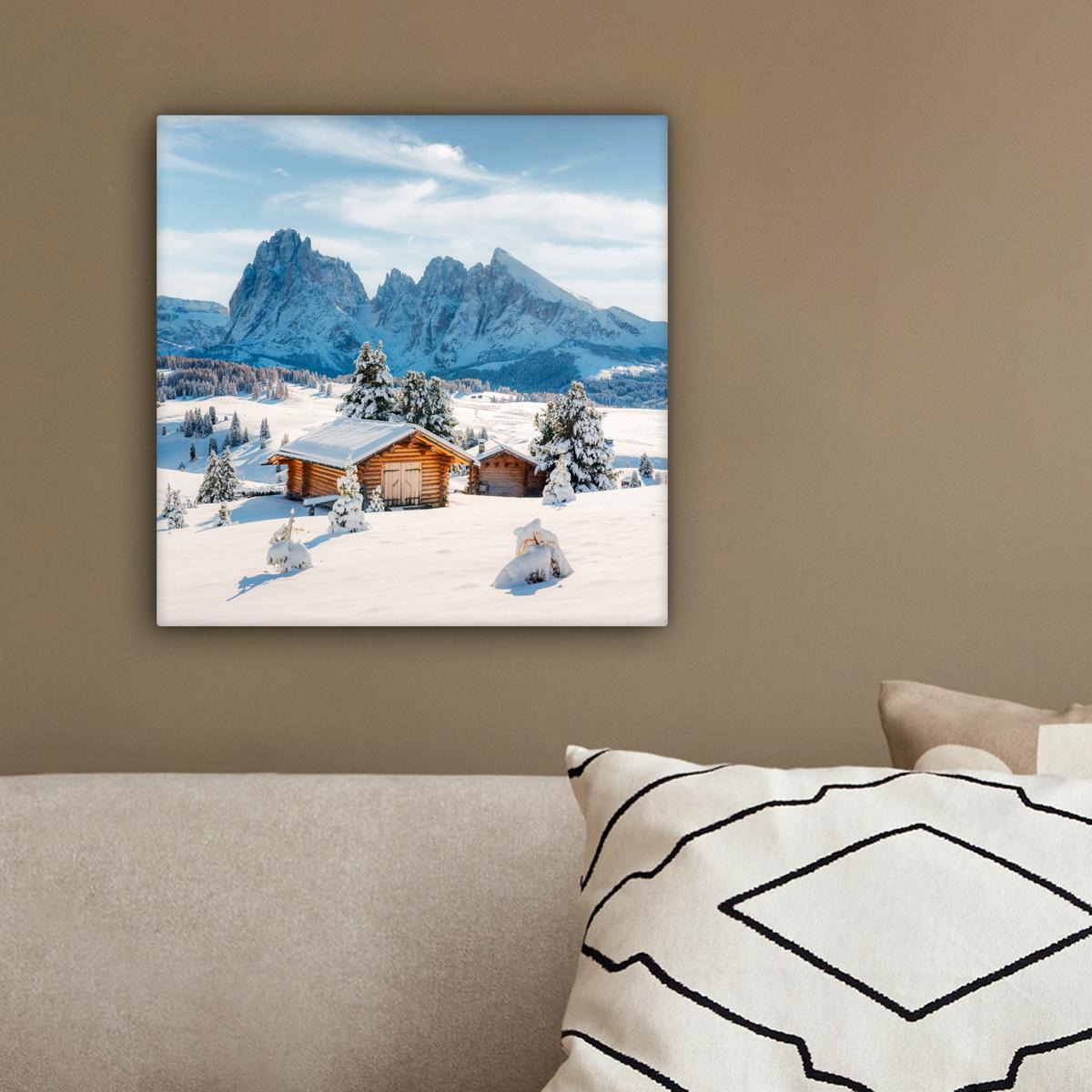 LEINWANDBILD Winter - Hütte - Berge - Aussicht - Schnee Deko Wohnzimmer 20x20 cm - Eichefarben, Textil (20/20cm) - MuchoWow