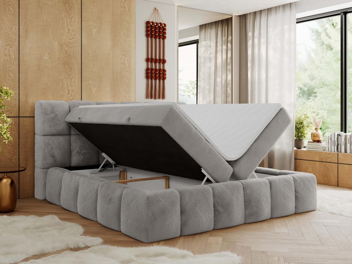 BOXBETT NIRA 180/200 - Hellgrau Plüsch - H3 - Hellgrau, Holz/Textil (180/200cm) - MKS