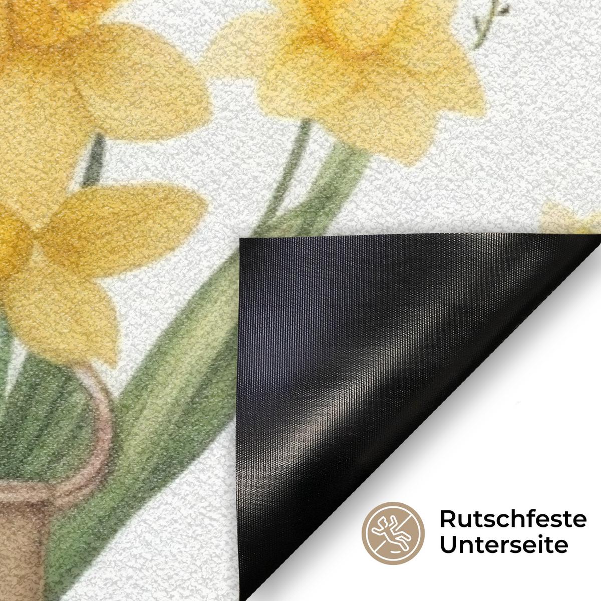 FUSSMATTE Gießkanne - Blumen - Eier Teppichmatte 90x60 cm - Gelb/Weiß, Kunststoff (60/90cm) - MuchoWow