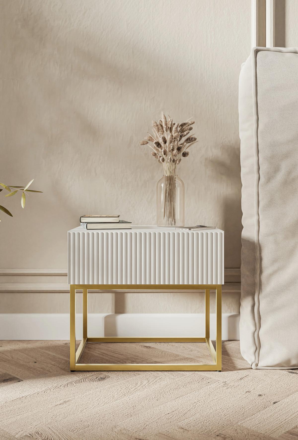 NACHTSCHRANK Veldio Weiß mit goldenen Metallbeinen 50 cm - Goldfarben/Weiß, Holzwerkstoff/Metall (50/44/35.6cm) - Selsey