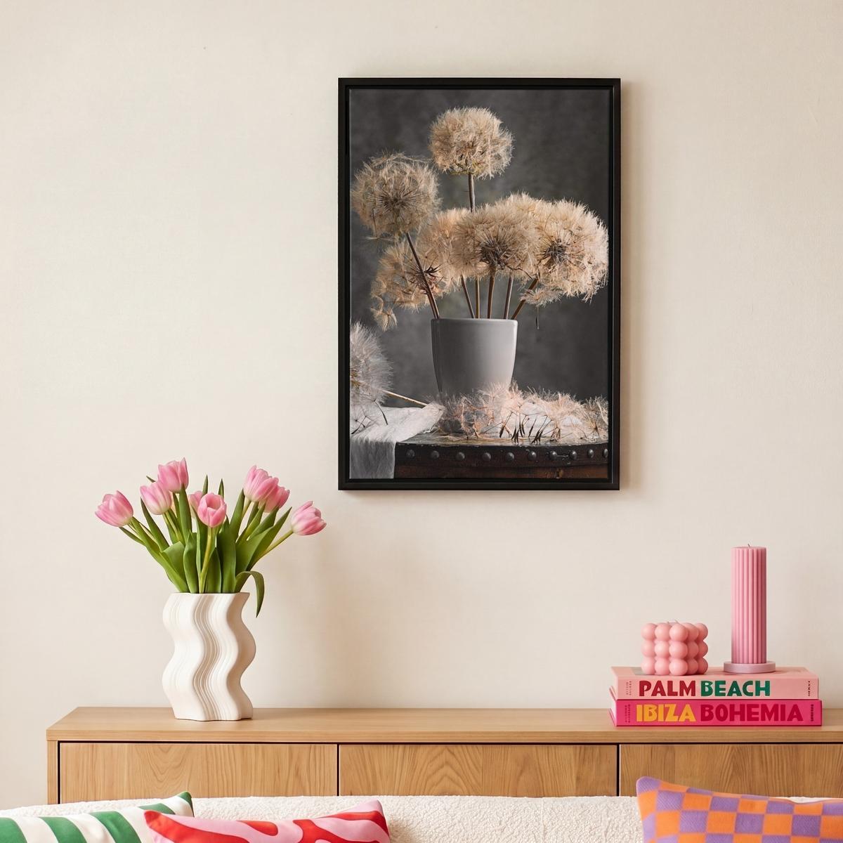 LEINWAND Bilder mit Rahmen - Blumensamen - Löwenzahn - Vase - Stilleben - Blumenstrauß - 20x30 - Dunkelgrau, Textil (20/30cm) - MuchoWow