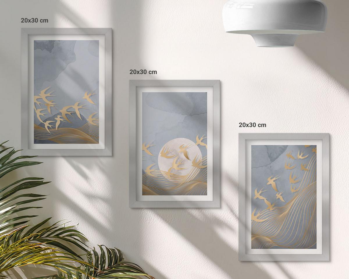 BILDER SET 3er Set - 20x30 cm Silberner Rahmen - Vögel, die am Himmel fliegen - Silberfarben, Kunststoff (20/30cm) - TULUP