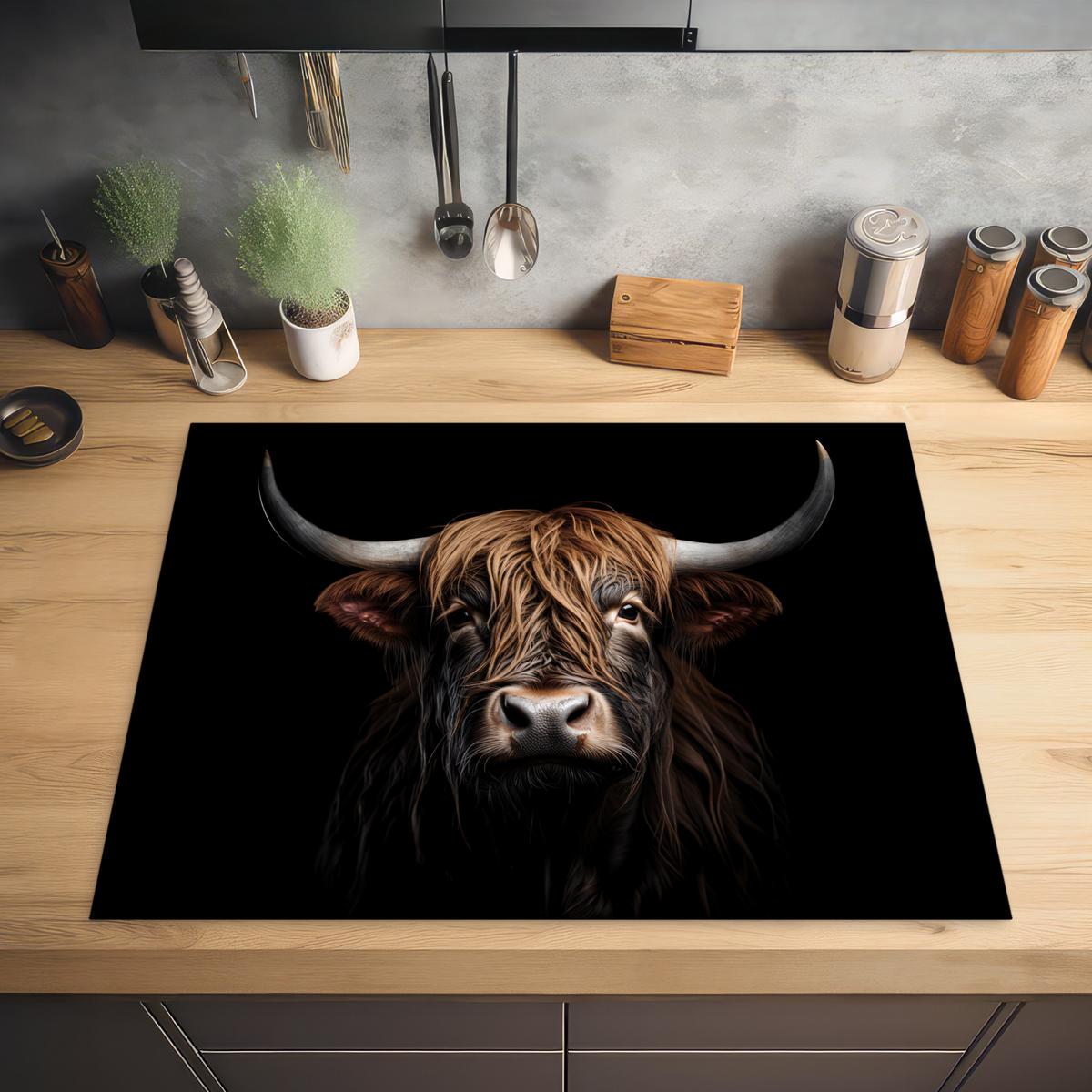 HERDABDECKPLATTE Schottischer Highlander - Porträt - Schwarz - Tier Induktionsmatte 77x59 cm - Braun, Kunststoff (77/59/0.2cm) - MuchoWow