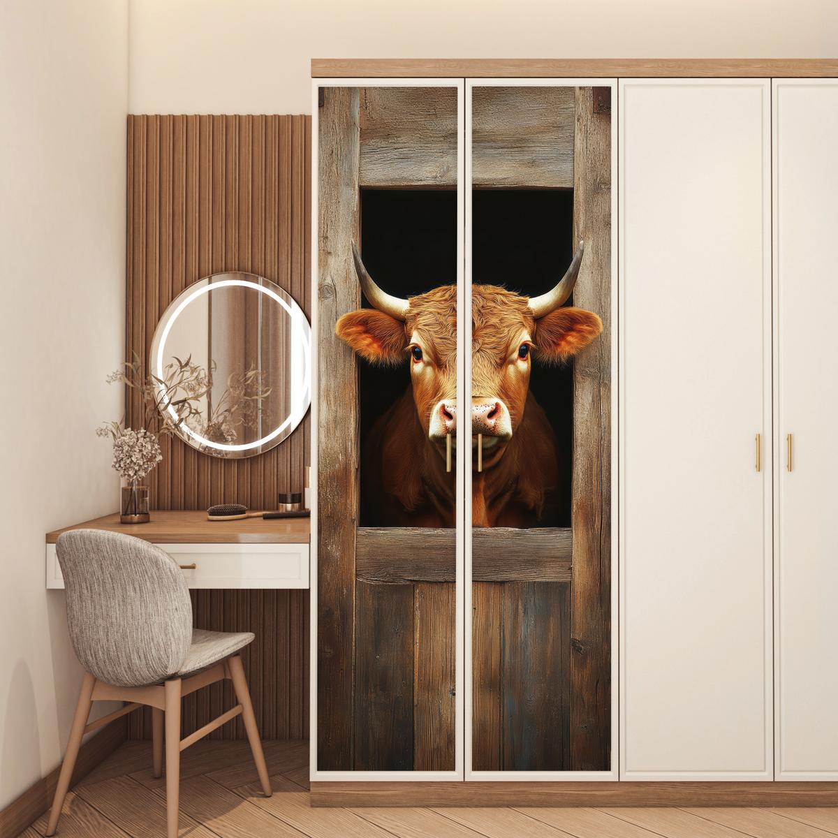 TÜRAUFKLEBER Kuh - Fenster - Holz - Tiere 80x215 cm - Türtapete - Wengefarben, Kunststoff (80/0.1cm) - MuchoWow