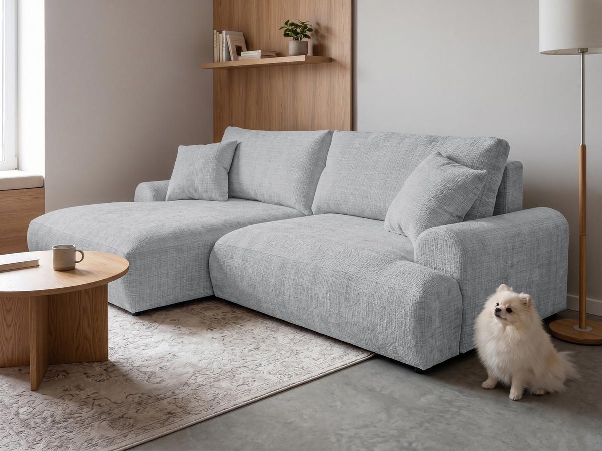 ECKSOFA Melvano mit Schlaffunktion und Bettkasten im Japandi-Stil aus weichem Hellgrau Chenille-Stoff - Hellgrau/Schwarz, Holz/Kunststoff (145/240cm) - S-Style