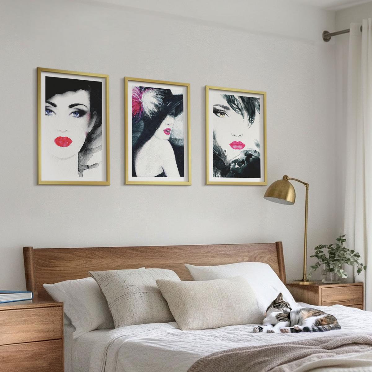 BILDER SET 3er Set - 40x60 cm Goldrahmen - Porträts von Frauen mit Lippen - Goldfarben, Kunststoff (40/60cm) - TULUP
