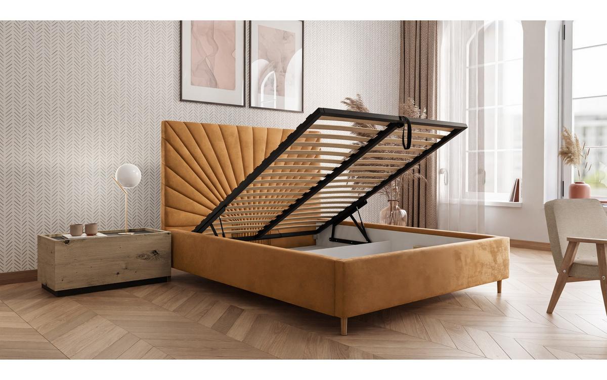 POLSTERBETT SUNNY 140x200 cm Magic Velvet 2215, 34 Holzlatten, Kopfteil 131 cm - Gelb, Textil (140/200cm) - Lookway