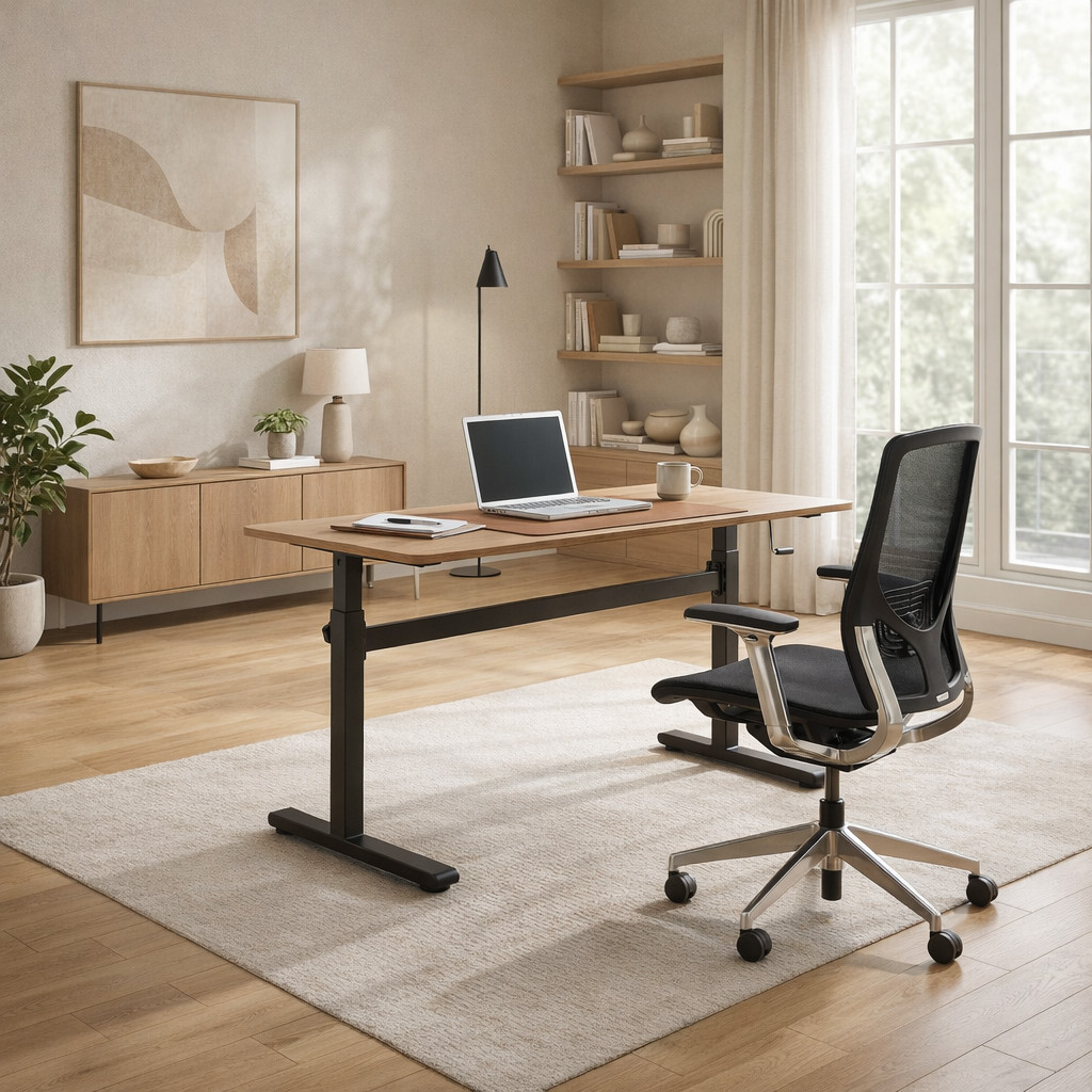 Büro, höhenverstellbarer Schreibtisch und Drehstuhl in Schwarz