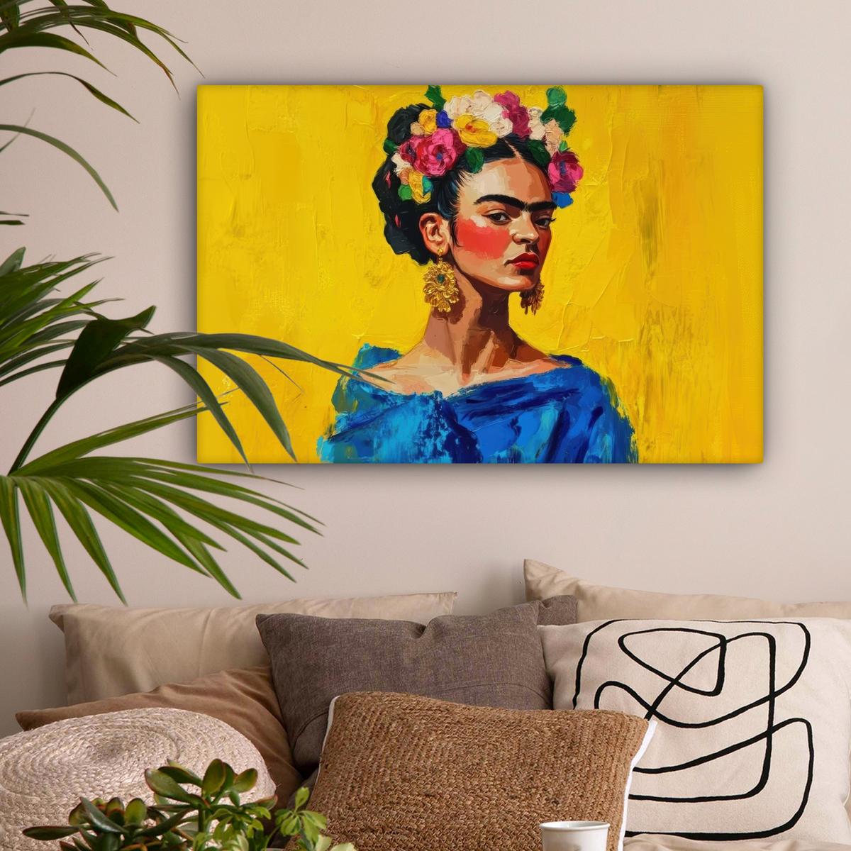 LEINWANDBILD Frida Kahlo - Frau - Gelb - Blau - Blumen Wanddeko 90x60 cm - Gelb, Textil (90/60cm) - MuchoWow