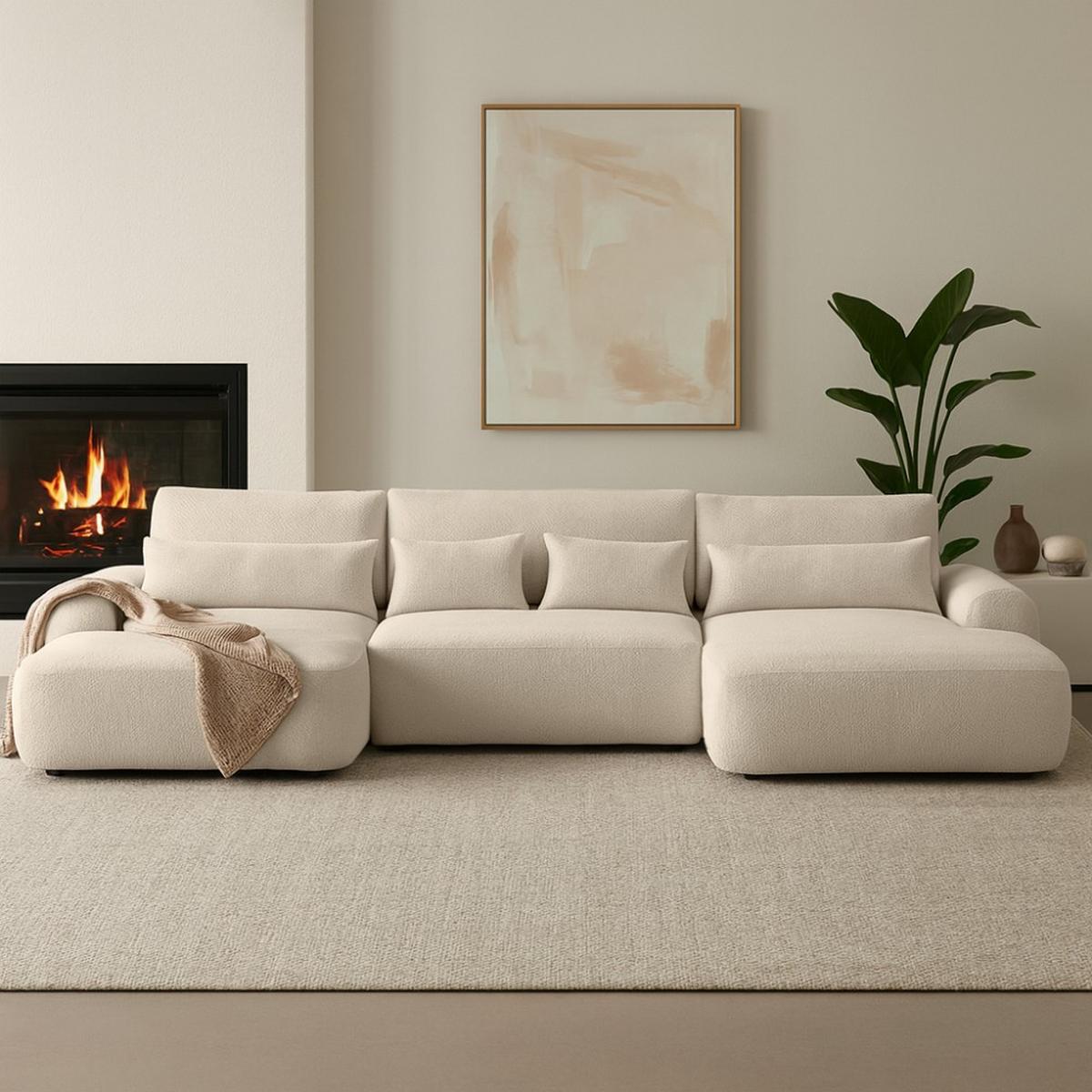 WOHNLANDSCHAFT Oliver mit Schlaffunktion, Beige, Bouclé-Stoff - Beige/Schwarz, Holzwerkstoff (355/87/160cm) - Beautysofa