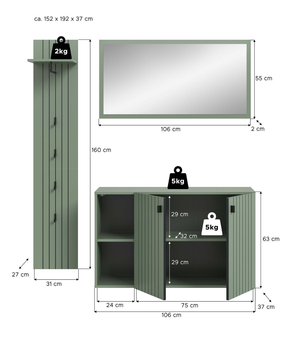 GARDEROBE-SET grün 3-teilig 152 cm, Garderobenkombination hängend - Schwarz/Grün, Glas/Holzwerkstoff (152/192/37cm) - Inn.Furn