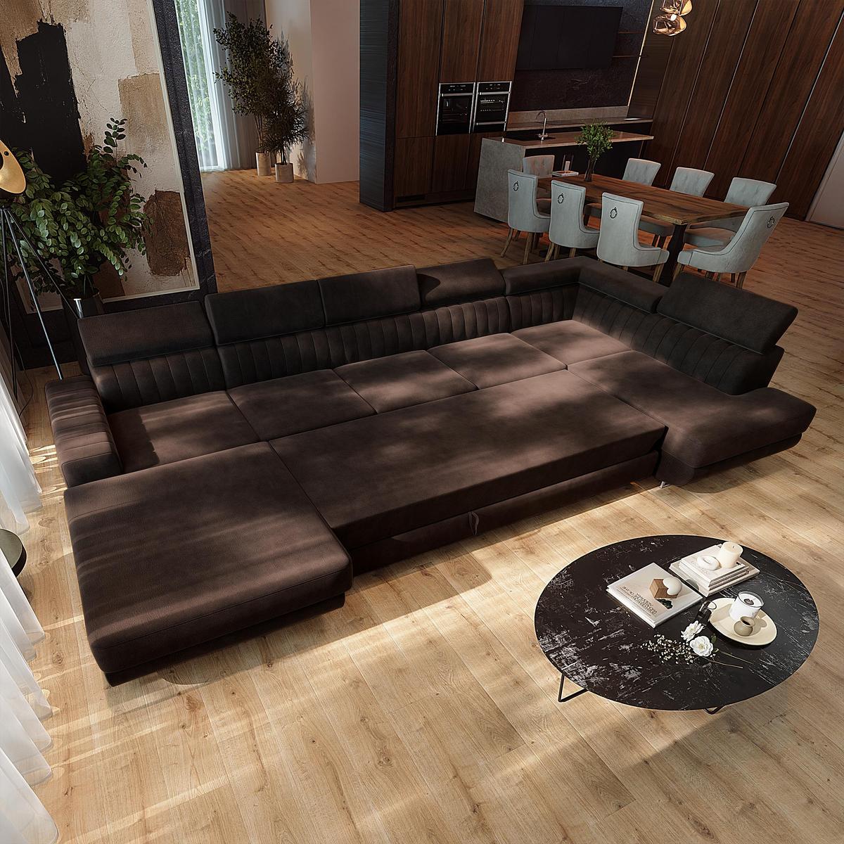 WOHNLANDSCHAFT GAIAN Braun Velours-Stoff mit Schlaffunktion - Braun, Holz (412/88/190cm) - MASSENO